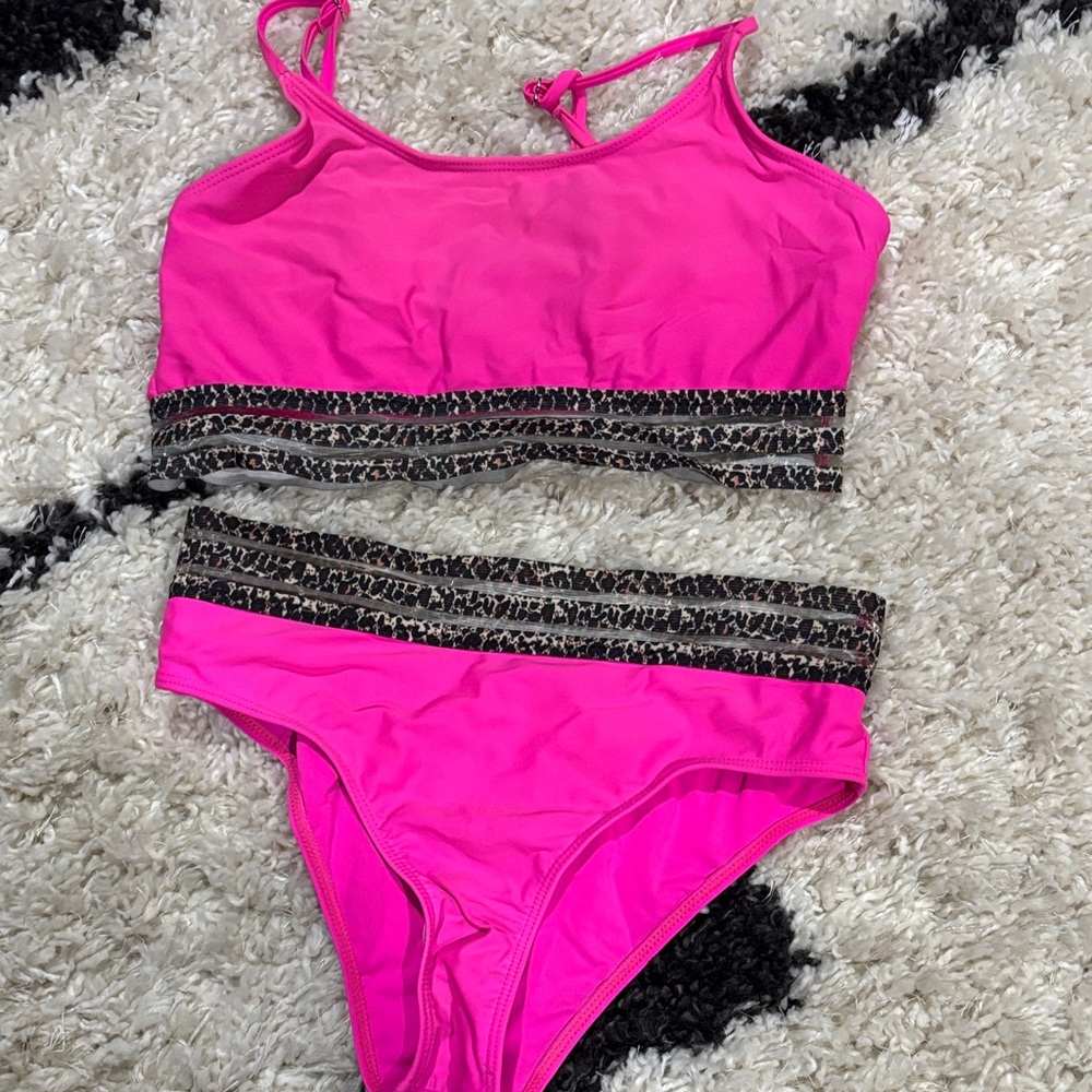 Pink Bikini Set with Leopard Trim